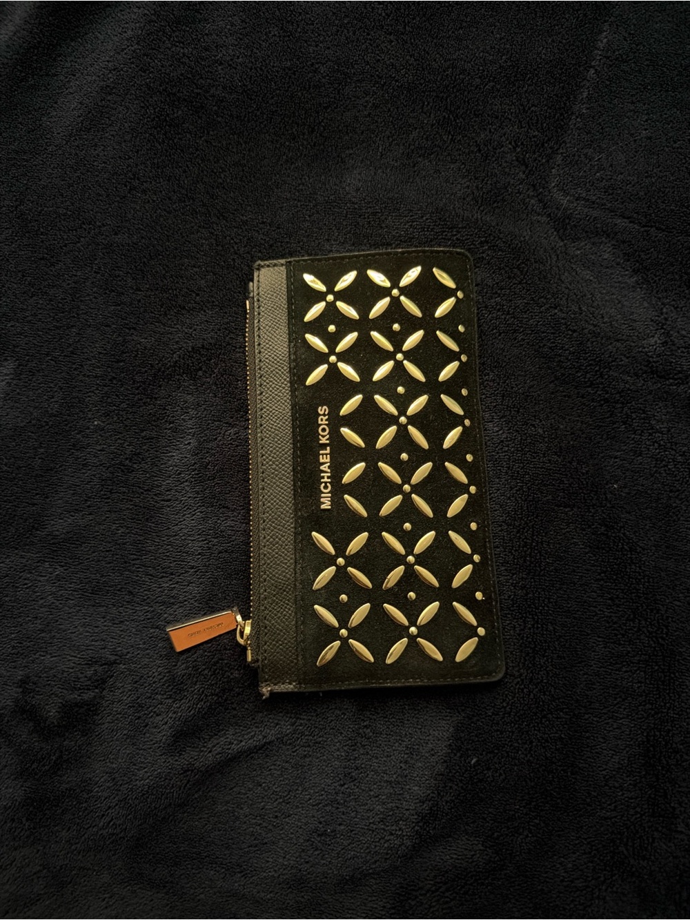 Michael Kors Black Card & Key Holder with Gold Floral Studs